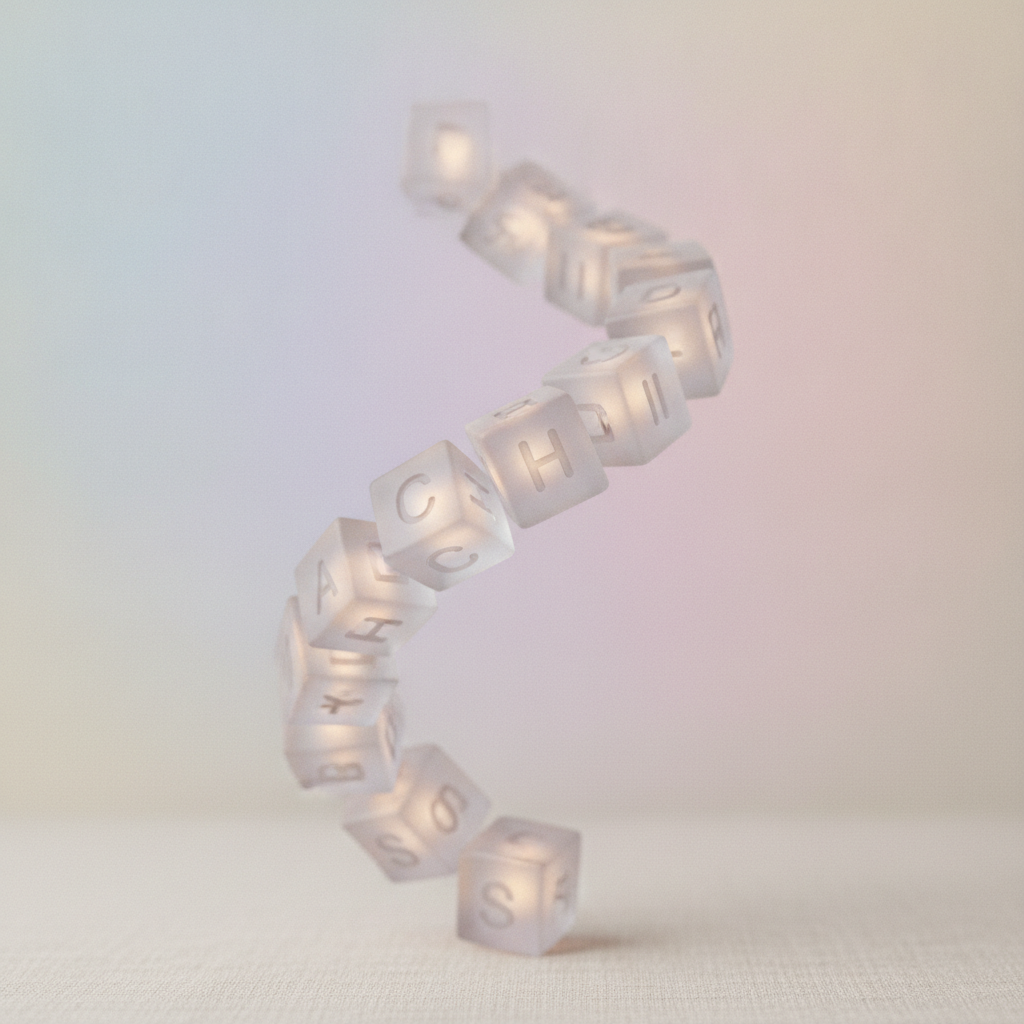 A dynamic, abstract arrangement of translucent interactive learning blocks, each featuring a different letter or sound, floating and interacting within a pastel-colored gradient space, representing th