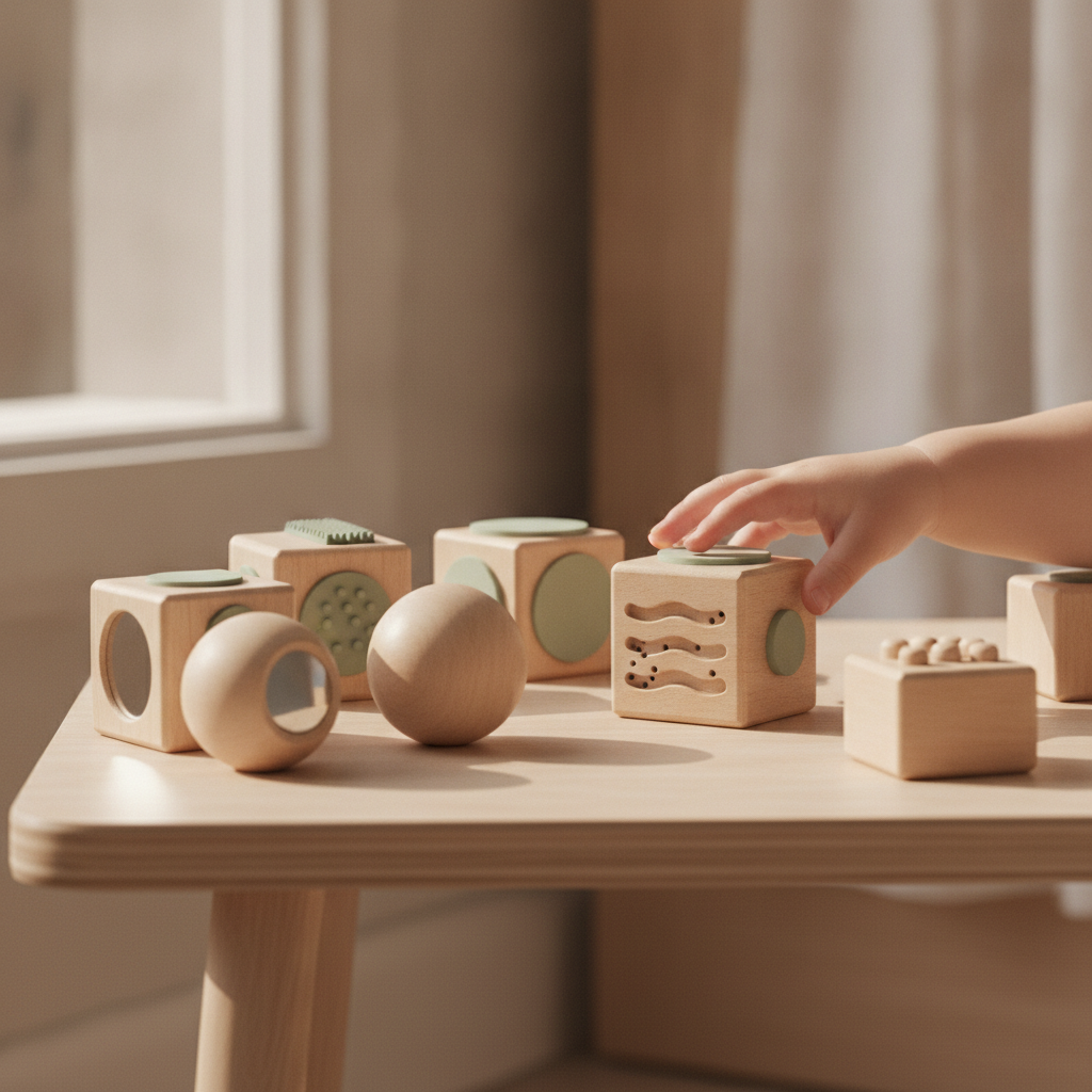 Interactive learning blocks on a low, child-friendly wooden table in a brightly lit modern speech therapy room, a child's hands gently engaging with one block (hands only, no face), natural daylight s