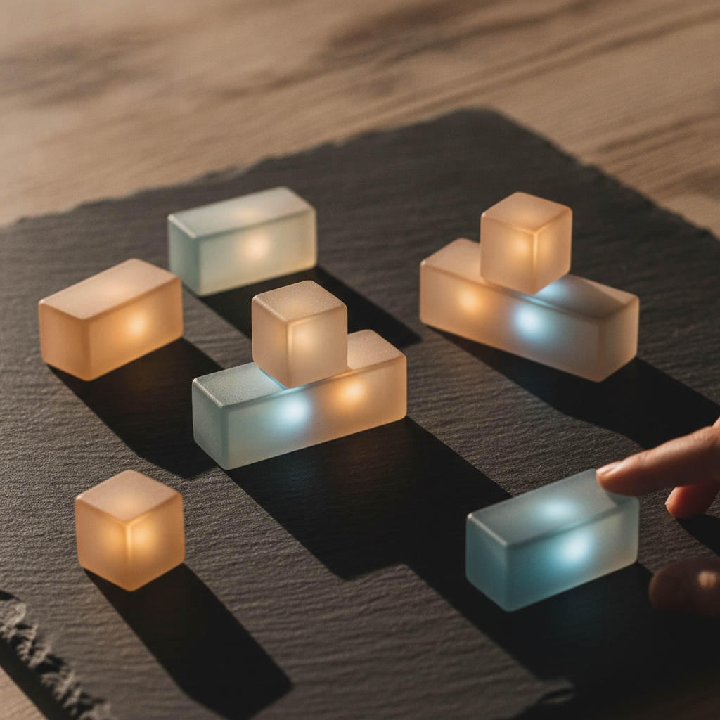 Interactive learning blocks glowing with a gentle internal light, casting elongated, soft shadows on a dark, textured surface, creating a calm and inviting atmosphere, dramatic chiaroscuro lighting, c