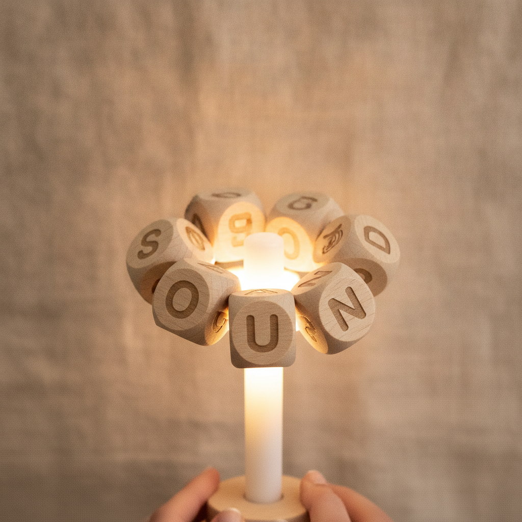 An intricate set of interactive learning blocks, forming a word or a sound representation, designed for scroll-scrub interaction where the blocks rotate and reconfigure around a central axis, studio s