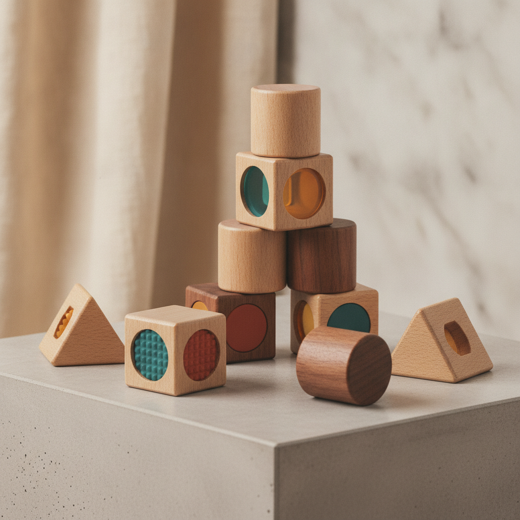 A thoughtfully arranged composition of interactive learning blocks, some stacked, some scattered, on a clean, light grey plinth in a minimalist studio setting, bright, even overhead lighting, professi